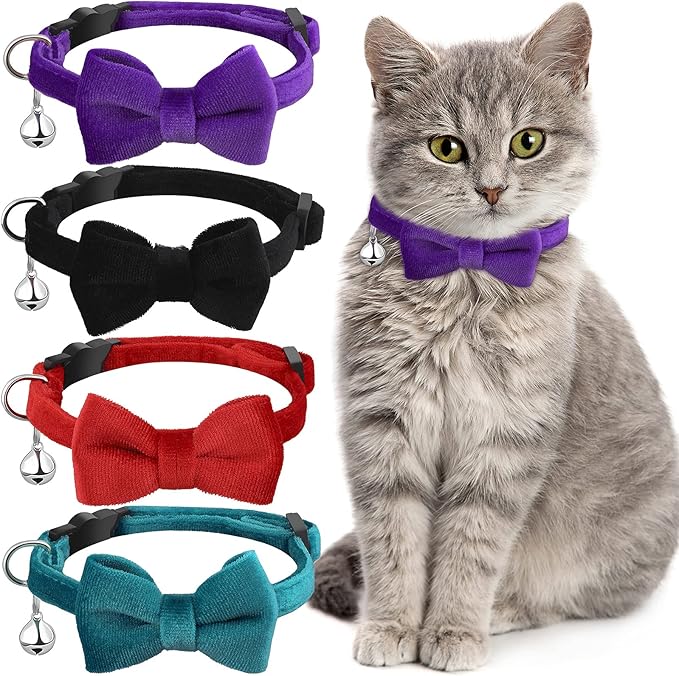 4 Pieces Cat Bow Tie Collar with Bell Breakaway Cat Comfortable Velvet with Cute Safety Pet Collar for Pet Kitten Puppy(Small,Black, Red, Purple, Blue)
