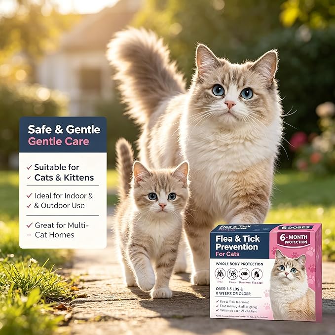 Cat Dewormer Topical Flea & Tick for Cats & Kittens, Monthly for Cats Over 1.5 lbs & 8 Weeks or Older, 6 Doses Supply Fast-Acting & Long-Lasting Waterproof Drops