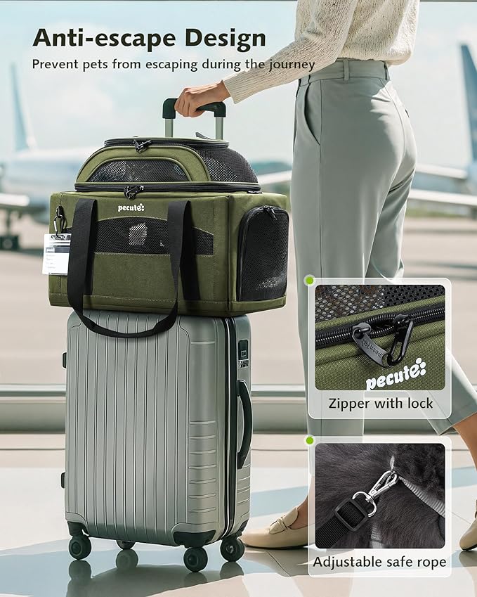 Pecute Top Side Expandable Pet Carrier Airline Approved Dog Cat Carrier, Breathable Soft-Sided with Locking Zippers, Pet Travel Bag for Small Dog Cat Leakproof Pee Pad (Olive Green)