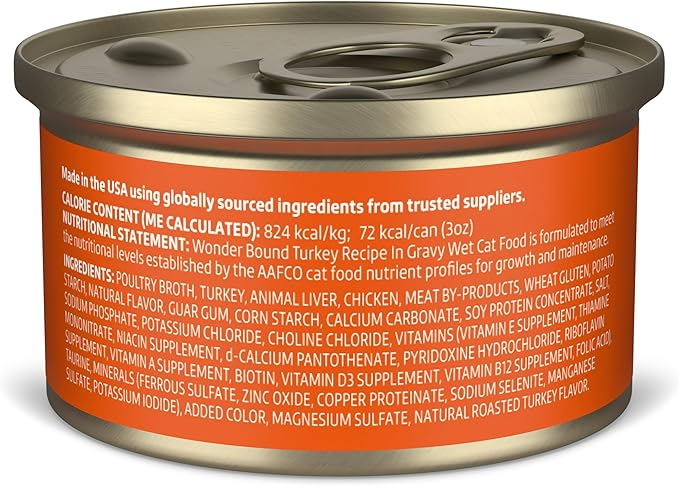 Amazon Brand - Wonder Bound Canned Wet Cat Food (Turkey Recipe in Gravy), No Artificial Flavors, Adult Recipe, 3 Ounce (Pack of 24)