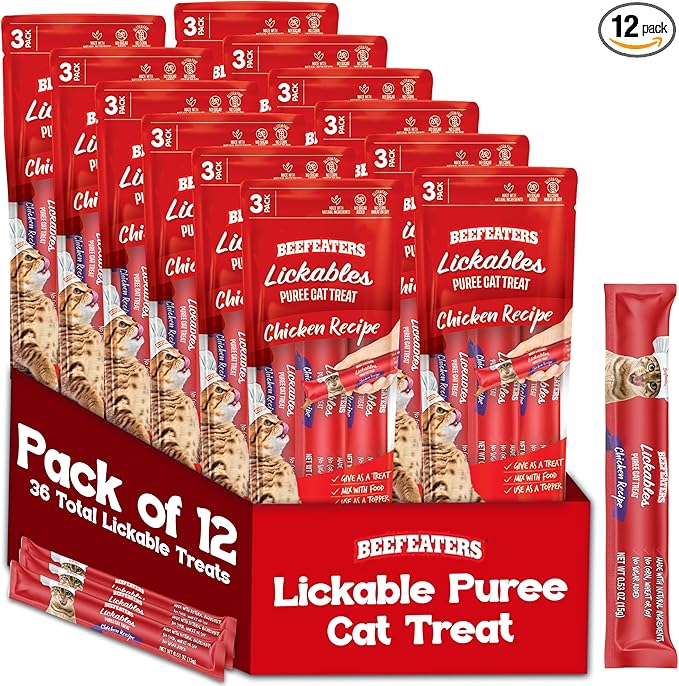Beefeaters Chicken Pure Cat Treats 1.59oz (12 Pack) | Lickable Squeeze Tube Treats, Grain-Free, No Added Sugar, Real Chicken, Taurine-Enriched, Ideal for Bonding, Seniors, Toppers & Everyday Treating