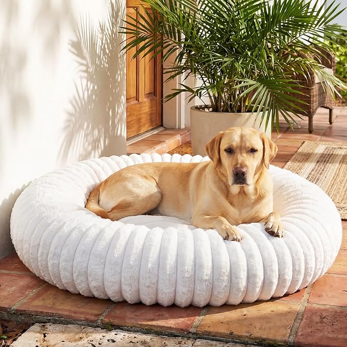Self Warming Pet Bed, Donut Dog Bed for Large Dogs - Pet Bed with Removable Cover, Self-Heating Winter Pet Beds for Medium & Big Dogs, Egg Tart Design (L)