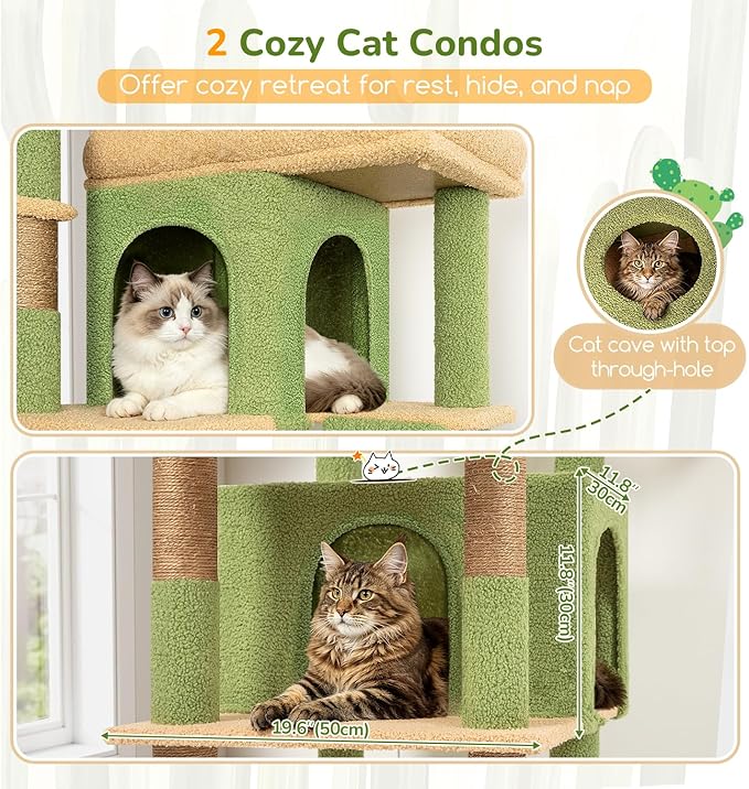 Globlazer Extra Large Cactus Cat Tree Tower 80in Tall Cat Tree for Multiple Indoor Cats Large Adult Kittens with Scratching Posts, 2 Widened Perches, Adjustable Baskets, 2 Cozy Condos, S80G, Green