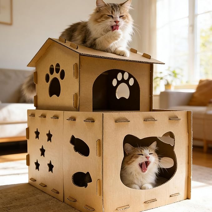Cardboard Cat Scratcher House, Modular Cat Condo - 25" Large 2-in-1 Double Layer Cat Play Villa with Built-in Scratching Surface for Indoor Cats - Final Clearance, Limited Stock Left!