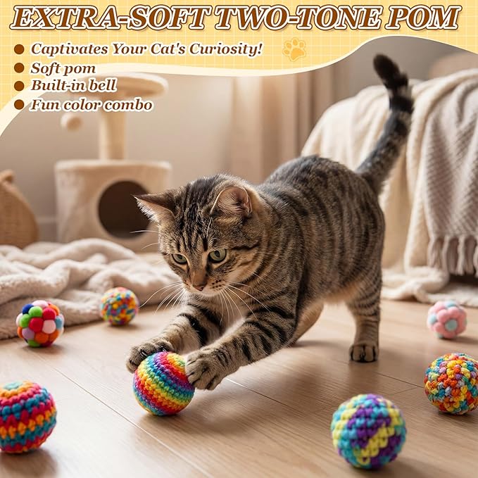 Shappy 16 Pack Cat Toys Balls & Woolen Yarn Cat Ball Toy with Bell Inside, Kitten Toys for Indoor Cats Kitty Fuzzy Cartoon Balls