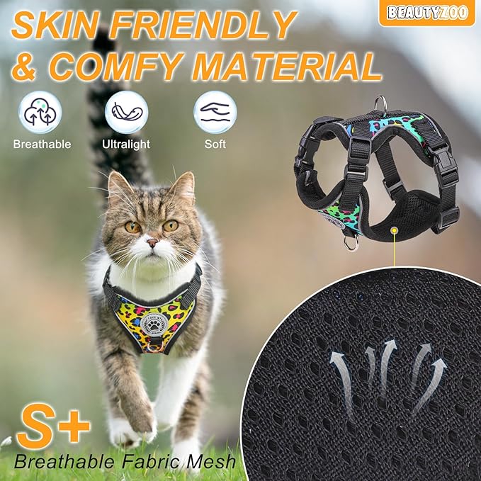 BEAUTYZOO Cat Harness and Leash for Walking, Escape Proof Soft Adjustable Vest Harnesses for Medium Large Cats, Easy Control Breathable Reflective Strips Jacket, Leopard, M