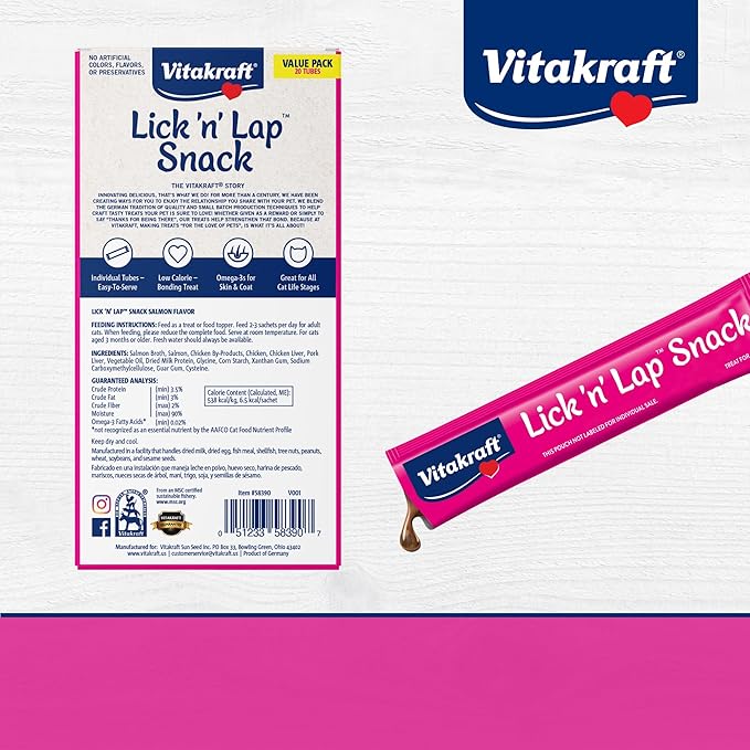 Vitakraft Lick 'n' Lap Snack Creamy, Cat Treat with Real Salmon, 4 Count