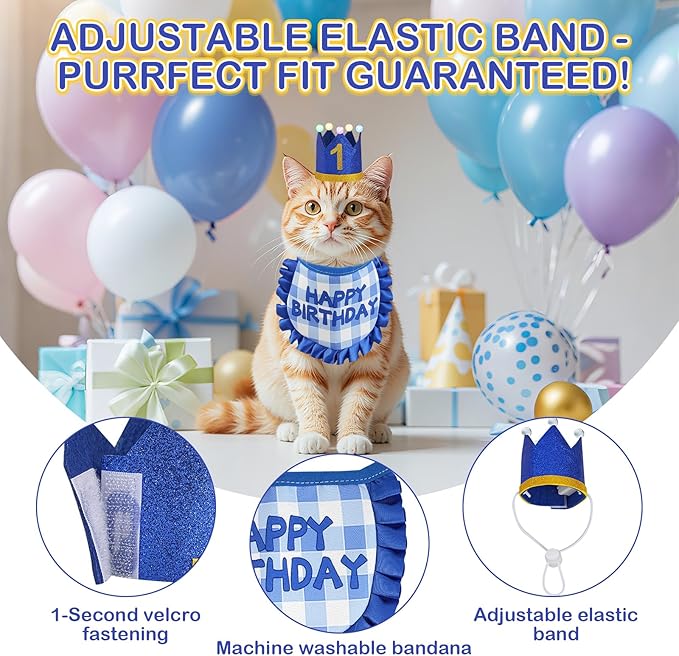 Cat Birthday Hat with Bandana, Light Up Party Outfit, Sapphire Blue