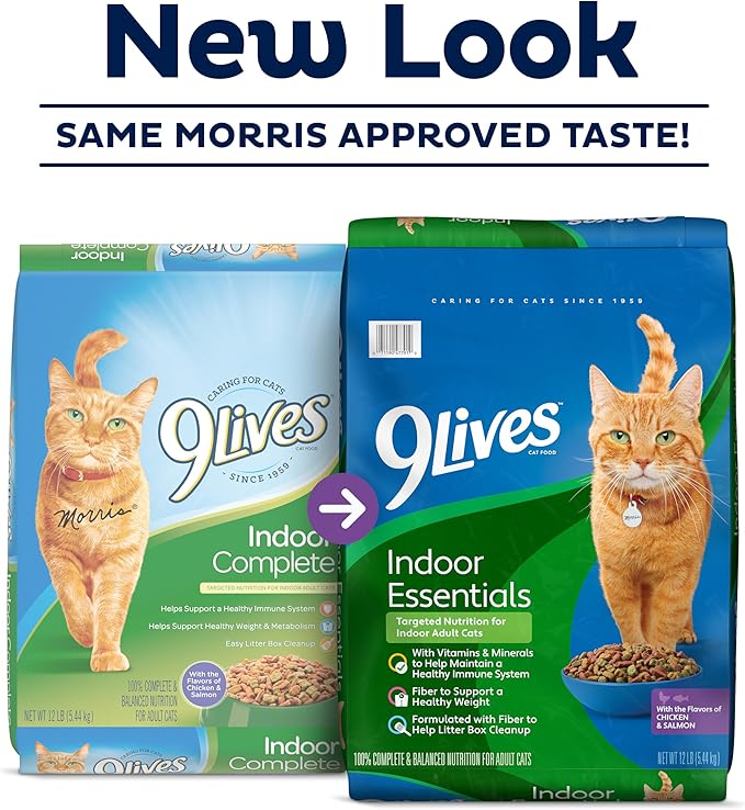 9Lives Indoor Essentials Dry Cat Food for Adult Cats with Chicken & Salmon Flavors, 3.15 lb. Bag (Pack of 4)
