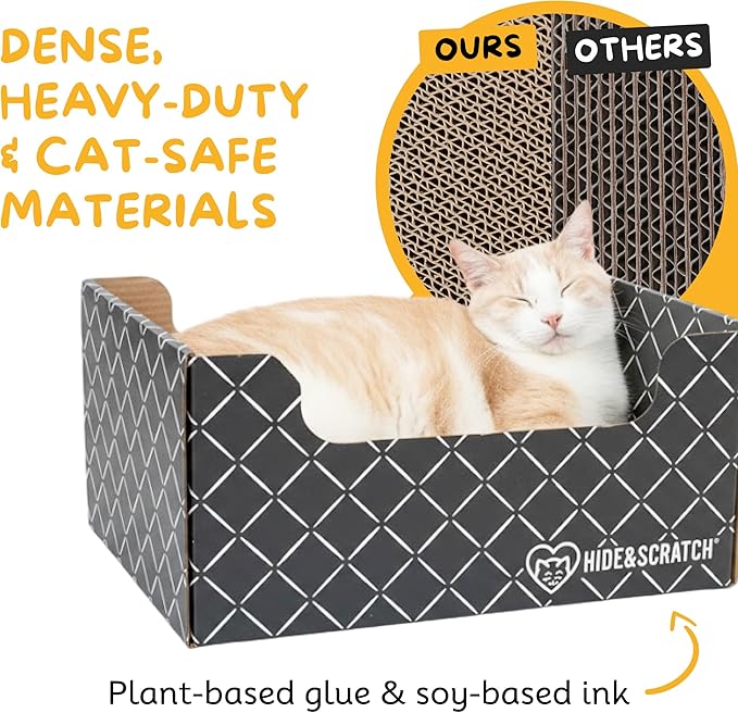 Hide & Scratch Cardboard Cat Scratcher Box & Bed - Dark Grey Diamond | Double-Sided Corrugated Pad for Indoor Cats | Refillable Scratching Board Toy for Play & Furniture Protection