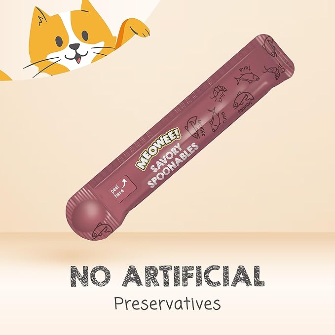MEOWEE! Savory Spoonables with Real Salmon, Tuna & Krill, 8 Count Tube, Triple Flavor Squeezable Lickable Wet Treats for Cats with Built-in Spoon for Less Mess