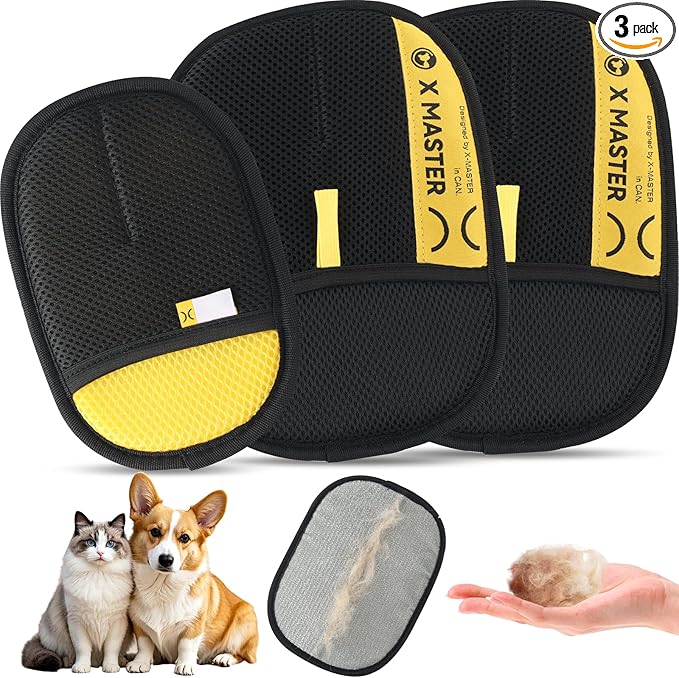 Wortade 3Pcs Pet Hair Removal Glove for Cats & Dogs, Efficient Grooming Gloves for Pet Hair, Cat Grooming Gloves for Hair Removal, Magic Pet Grooming Glove for Couch, Furniture, Carpet, Curtain 2L1S