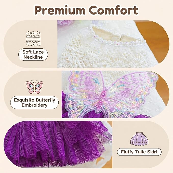 Dog Fairy Costume with Butterfly Wings, Cat Princess Dress for Small Dogs Girls, White Lace Knit Top and Purple Tulle Skirt, Fairy Wings for Dogs Halloween Outfit 11-13.2lbs (Purple,L)