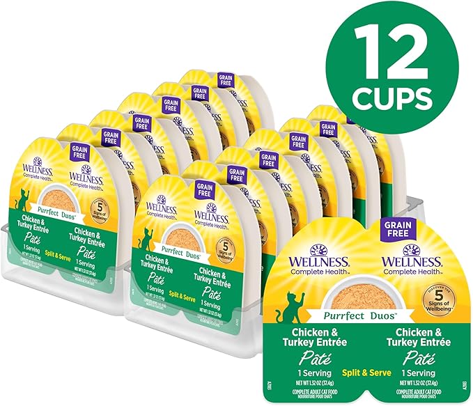 Wellness Complete Health Purrfect Duos Pate Adult Wet Cat Food, Natural, Protein Rich, Grain Free, Chicken and Turkey Entrée Recipe, 2.64 oz, Pack of 12 Split Cups