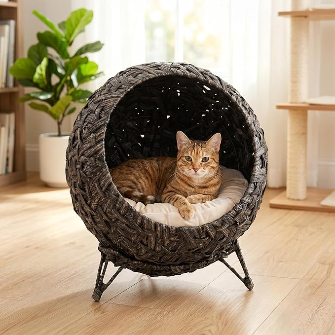 PawHut Rattan Cat Bed, Elevated Handwoven Cat Basket Bed with Soft Cushion and Metal Base, Indoor Kitty Furniture, Breathable, for Kittens, Gray