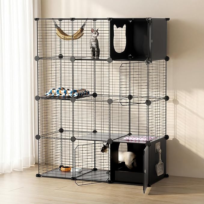 PAWING Cat Enclosure Indoor with Litter Box, 4-Tier Metal Wire Cat Cage, DIY Detachable Design for Cats, Kittens & Small Animals, Multi-Level Kennel