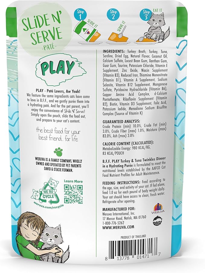 Weruva B.F.F. Play - Best Feline Friend Paté Lovers, Aw Yeah!, Turkey & Tuna Twinkles with Turkey & Tuna, 3oz Pouch (Pack of 12)