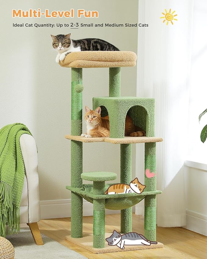MUTTROS Cactus Cat Tree for Indoor Cats, 45.7" Multi-Level Cat Tower with Large Metal Frame Hammock, Cat Condo with 4 Scratching Posts and Top Perch, Green