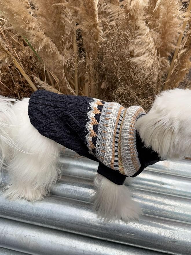 Knit Dog Sweater Turtleneck Cat Cold Weather Pullover Pet Vintage Cable Thick Warm Winter Clothes for X Small Dogs Cats Medium Pug Dachshund Yorkie (Navy, Large)