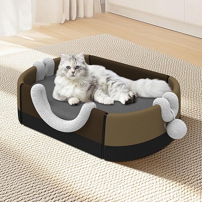 Enclosed House & Open Bed for Indoor Cats,Constant Modifiable Puss Bed with Removable Top Winter Season Double Manner Plan Revertible Pillow,Multi-Functional Pet Furniture with Scratch Pad