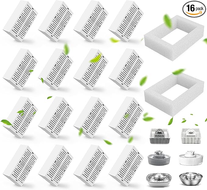 16 Pack Ceramic Cat Fountain Filter Replacement, Triple Cupcake Cat Fountain Filters, 16 Pet Fountain Carbon Filters and 4 Foam Filters for Ceramic/Cupcake Cat Water Fountain