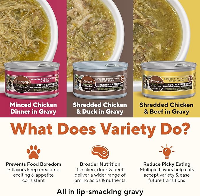 Dave's Pet Food Naturally Healthy Minced & Shredded Chicken in Gravy Variety Pack Grain-Free Wet Cat Food, 2.8-oz can, Case of 12