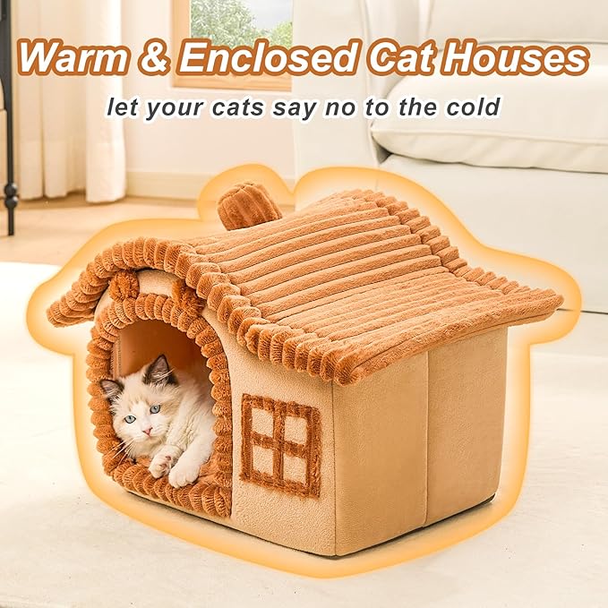 Jiupety Bear Cat Houses for Indoor Cats, Chimney Cute Cat Bed Cave, Enough Interior Space, Cartoon Soft Pet House Up to 3-10 lbs Kitten, Brown