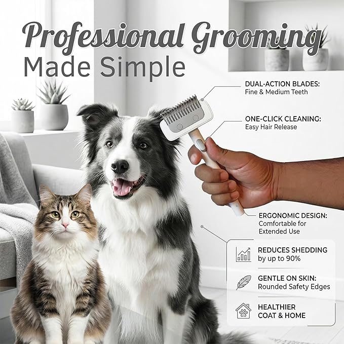 4-in-1 Pet Hair Remover Set - Cat & Dog Deshedding & Dematting Tool - Reusable Lint Roller for Couch, Carpet, Clothes, Bed & Car - Undercoat Grooming Comb, Shedding Brush & Dog Hair Rake