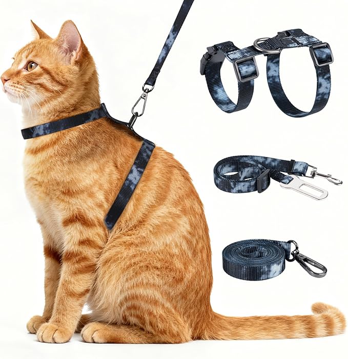 Cat Harness and Leash Set, 3-in-1 Escape Proof Adjustable, Comfortable Soft Lightweight, Safe, Easy to Wear, Walking Travel Kitten Harness for Small Medium Cats （Black