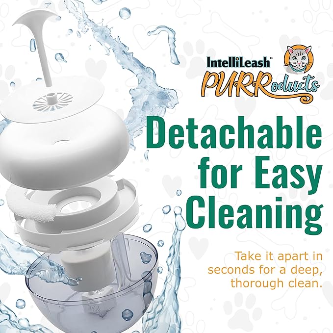 IntelliLeash PURRoducts Purrfect Water Fountain for Cats and Small Dogs with Premium 5-Layer Filter that Lasts Up to Two Months. Splash Free and Tip-Proof Design. Low Water Auto Shut-Off Feature.