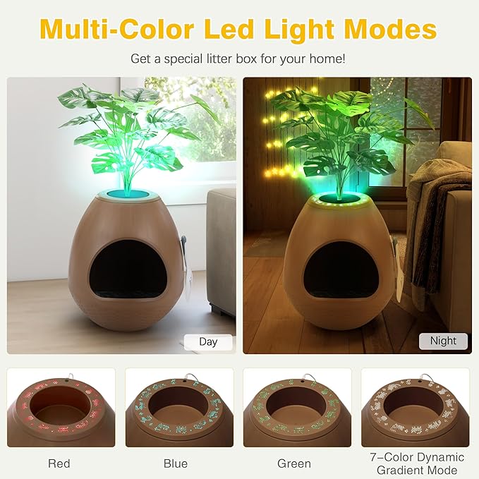 Eggloa6 Hidden Cat Litter Box with Artificial Plants ＆ Odor Removal System, Egg-Shaped Enclosure Includes Scoop ＆3PCS Liners Secret, Discreet Furniture, DIY Assembly Cat Litter Box Cabinet (Brown)
