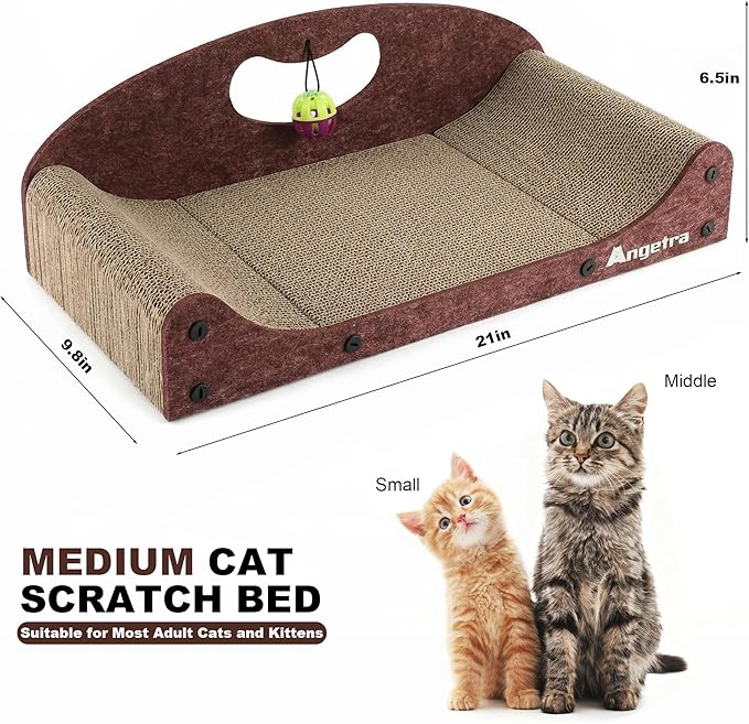 21" Cat Scratcher Bed, Scratcher Couch for Indoor Cats, Cardboard Scratcher Sofa, Durable Scratch Pad with Ball & Catnip, Furniture Protector (Brown, Medium)
