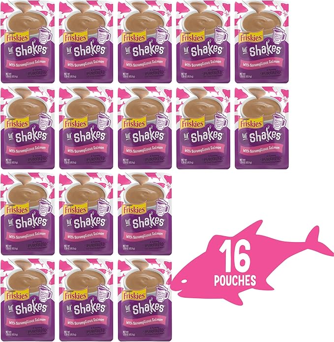 Friskies Purina Pureed Cat Food Topper,Lil’ Shakes with Scrumptious Salmon Lickable Cat Treats - 1.55 oz. Pouches,(Pack of 32)