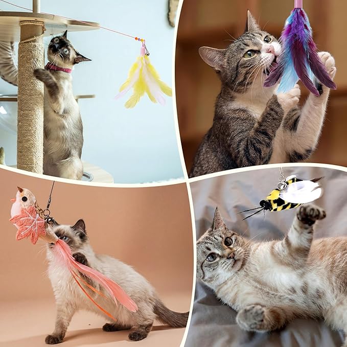 Leitee 30 Pcs Cat Toy Refills Cat Feather Wand Replacement Simulation Bird Insect Mice Toys for Interactive Indoor Outdoor Kitten