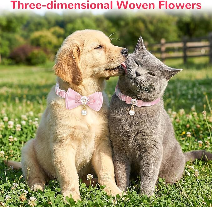 cobee 2 Pcs Breakaway Cat Collar, Adorable Cat Collar with Bowtie Bell Adjustable Kitten Collars Pink Cats Collars Breakaway SafetyCollar for Girl Cats