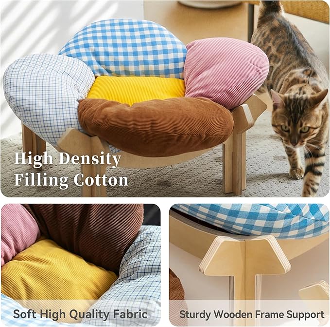 PACHIRA Elevated Cat Bed Wooden, Cat Couch Fluffy, Cat Sofa Flower for Indoor Cats, Raised Cat Bed with Washable Fluffy Cushion and Birch Wood, Cat Chair for Kitty and Puppy, Cat Furniture (Colored)