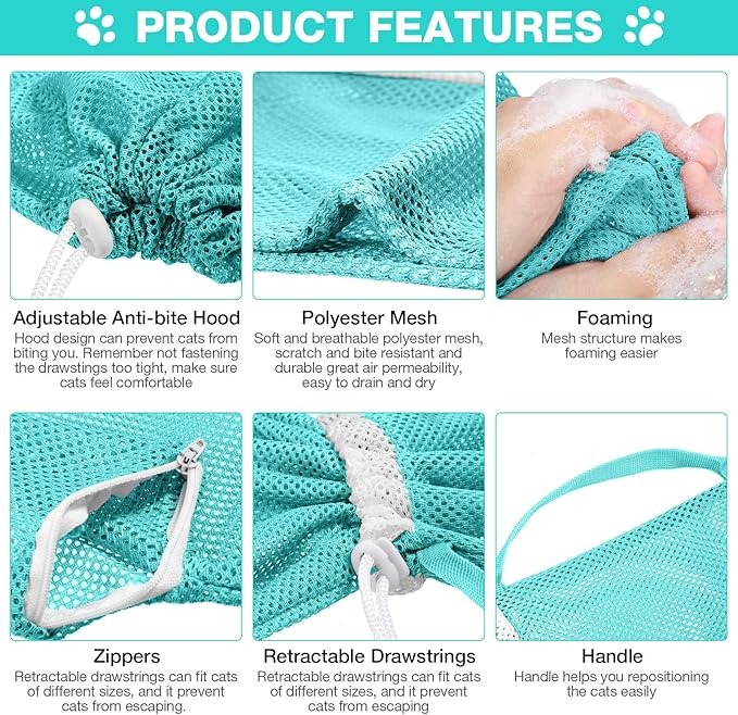 Shappy 2 Pcs Cat Bathing Bag Adjustable Cat Grooming Net Bag Breathable Anti Bite Anti Scratch Restraint Net for Pet Wash, Nail Trimming, Pet Examination, Ears Clean(Pink, Green)