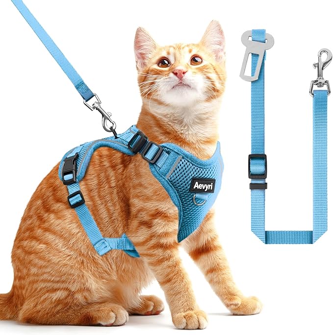 Cat Harness and Leash for Walking, The Upgrade Can be Adjusted in Four Directions and Breathable Cat Harness for Anti Escape that can be Fitted and Positioned, Reflective Strips Harness, Blue, M