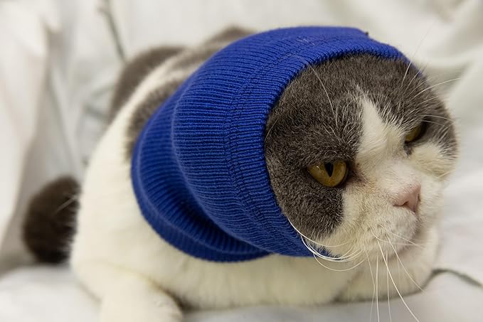 2 Pack Cat Ear Wrap, Anxiety Ear Cover Hematoma Compressionp Cat Snood for Grooming Blue+Grey S
