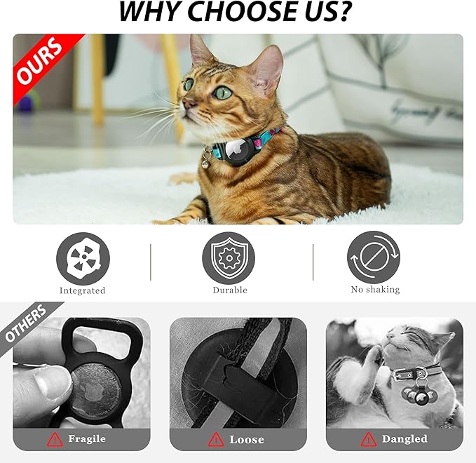 azuza AirTag Cat Collar Breakaway, Integrated Cat Collar with Air Tag Holder and Bell, Safety Lightweight Cat Tracker Collars for Kittens, Rose, Kittens (7"-9")