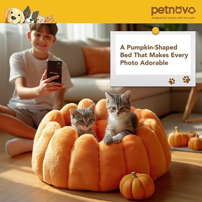 PETNOVO Pumpkin Cat Bed, Plush Donut Cuddler with High Bolster, Non-Slip Cozy Pet Nest for Indoor Cats up to 13 lb and Small Dogs, 20L x 20W x 12H Inch, Pumpkin Yellow