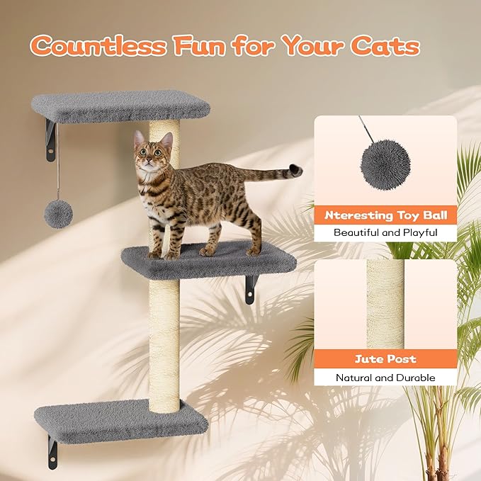 Cat Wall Shelves for Large Cats, Stable & Safe Kitty Walls Furniture Set for 40LBS Cats with Wooden Cat Climber,House, Bridge, Tree, Steps, and Scratcher for 16 Inch Drywall (Black, 5-in-1)