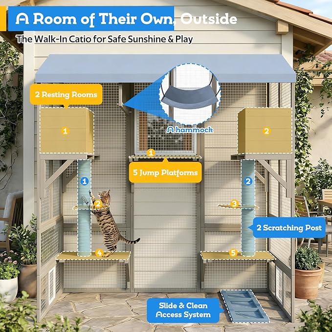 Catio Outdoor Cat Enclosure with Window Access, Large Walk in Cat House Outdoor Kitty Cage with 7 Jumping Platforms, Scratching Posts, Hammock, Slide & Clean Litter Box Access