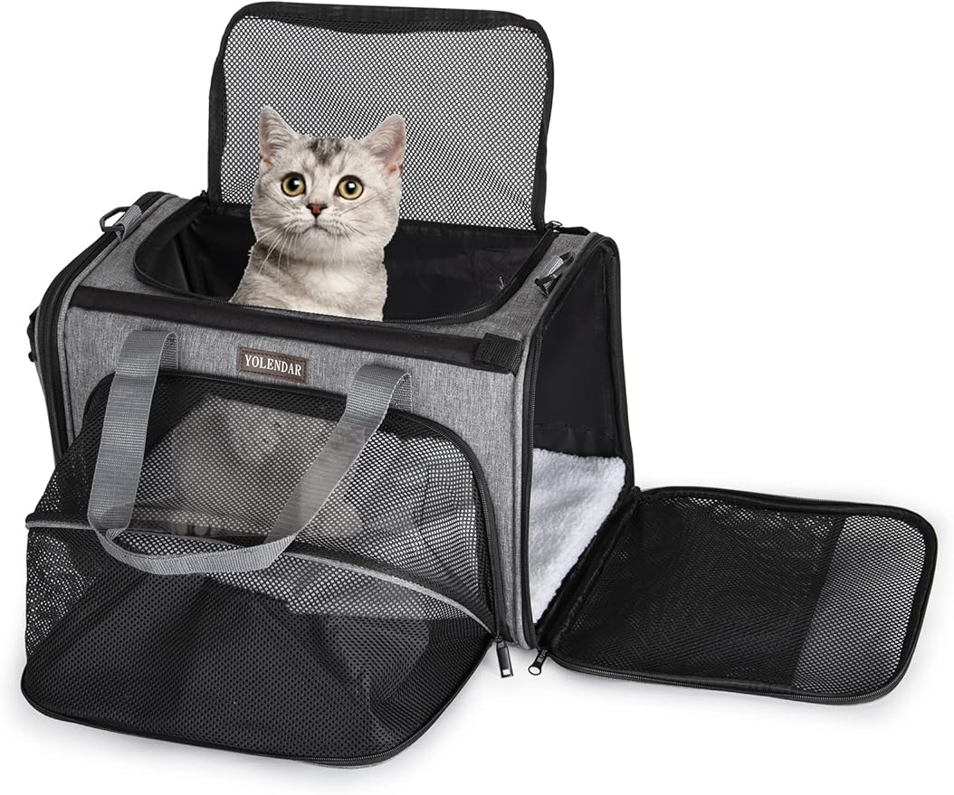 Pet Carriers Soft-Sided Carrier,Ventilation,4 Zipper Opening Grows Extra Room,Padded Mat Bottom,for Cat,Puppy, Grey