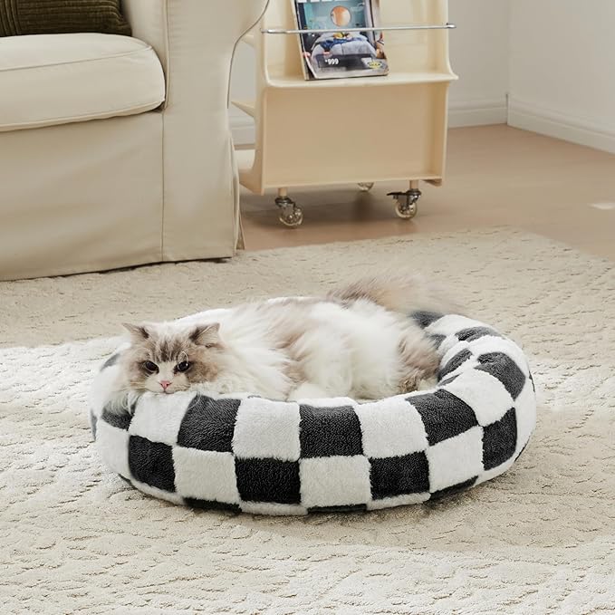 Ohocut Checkered Cat Dog Bed, Cute Black White Retro Style Aesthetic Round Warming Pet Calming Beds for Small Dog and Cats, Plush Cozy Donut Beds Washable, 23" L x 23" W x 8" Th