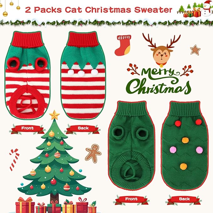BWOGUE 2 Packs Cat Christmas Sweater Dog Sweaters Pet Cat Winter Knitwear Warm Clothes Christmas Tree with Ball Pet Sweaters for Kittys and Small Dogs