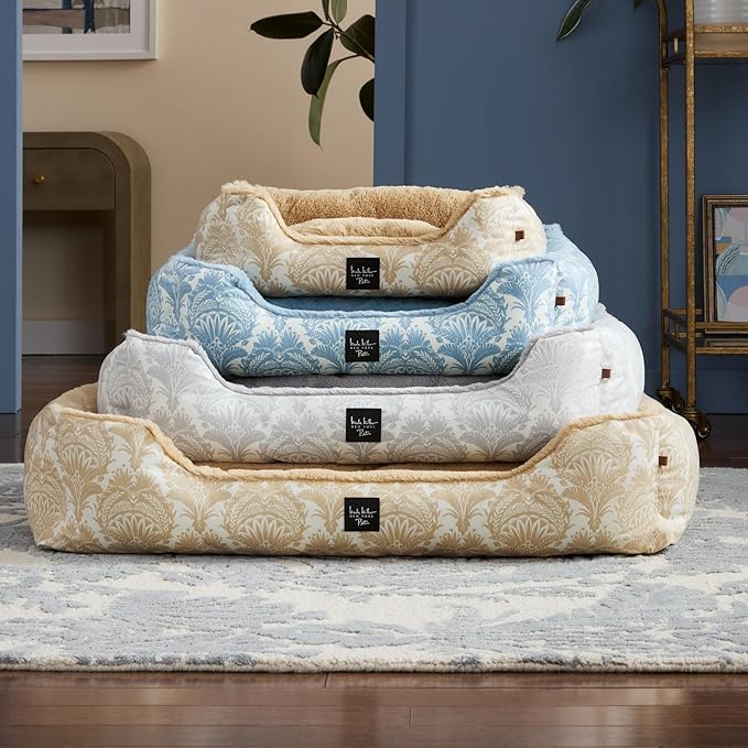 Nicole Miller New York PET Mod Damask Plushy Bolster Pet Bed, Cozy & Calming, Non-Slip Bottom, Machine Washable Cover, Taupe, Small 24"x19"x7"