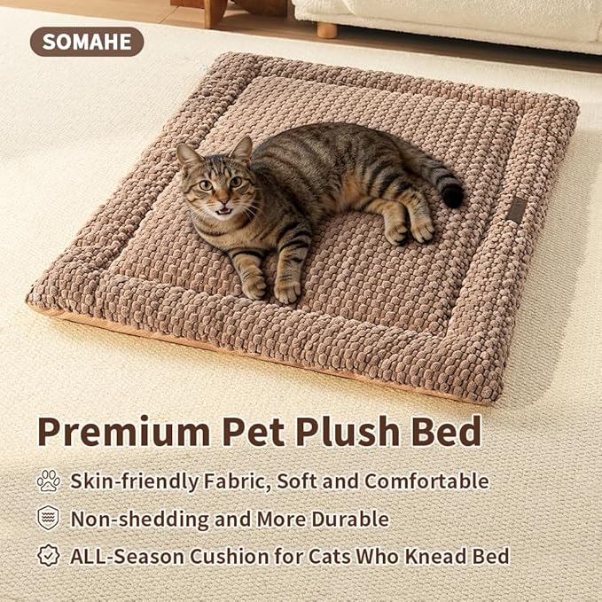 SOMAHE Cat Beds Flat Cat Bed Mat, Premium Plush Cat Mat with Non-Slip Bottom, 1.2" Thick All-Season Kneading Cushion, Machine Washable Anti-Static Pet Bed 15×23Inch, Coffee