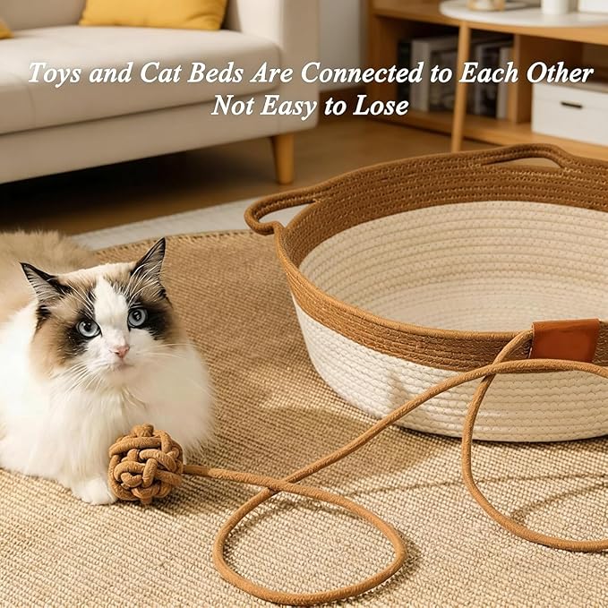 Cat Toy Baskets for Indoor Cats, Cotton Rope Woven Cat Basket Bed, Ergonomic Design with Cat Ear Handles & Interactive Teaser Ball, Soft, Breathable, Scratch-Resistant (Green,S)