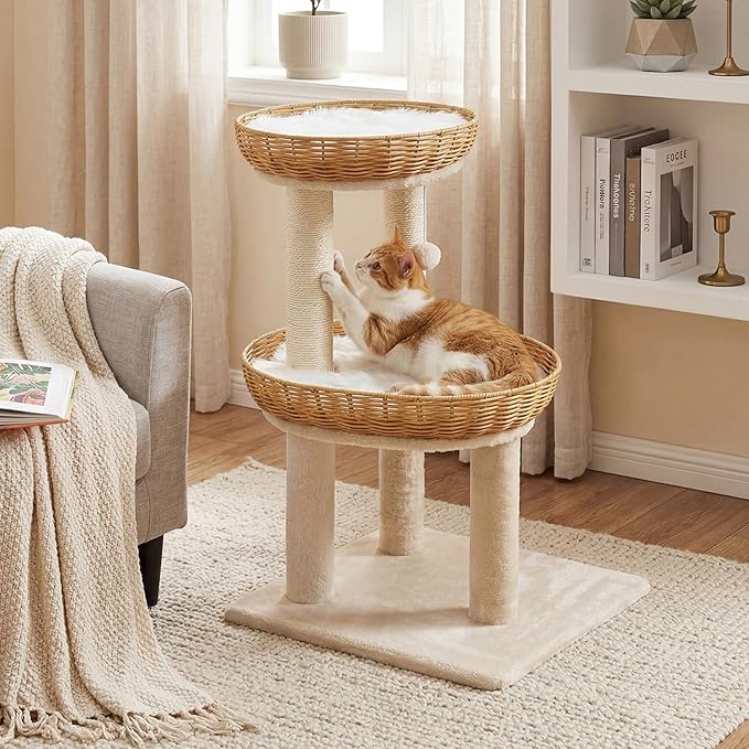 Tangkula Modern Cat Tree, 30 Inch Small Cat Tower with 2 Rattan Cat Baskets, Sisal Scratching Posts, Hanging Ball, 2 Large Nest Cat Beds with Removable & Washable Plush Cushions for Indoor Kittens